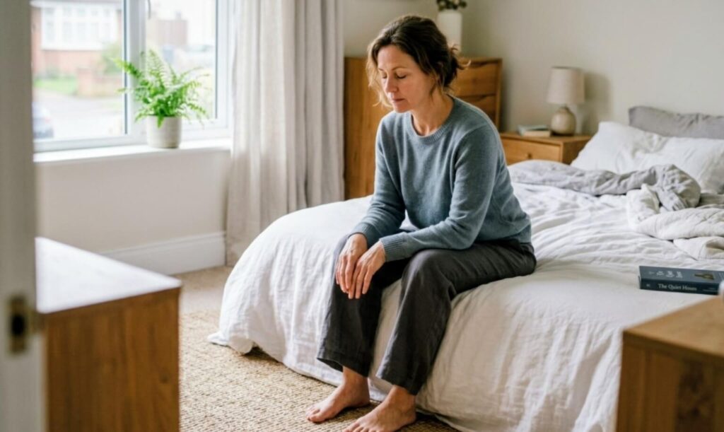 Mujer sentada en la cama con gesto de cansancio y dolor invisible asociado a la fibromialgia