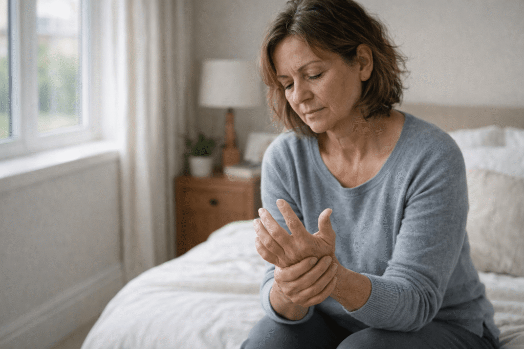 Mujer en casa mirando sus manos con gesto de dolor articular y rigidez por artritis reumatoide