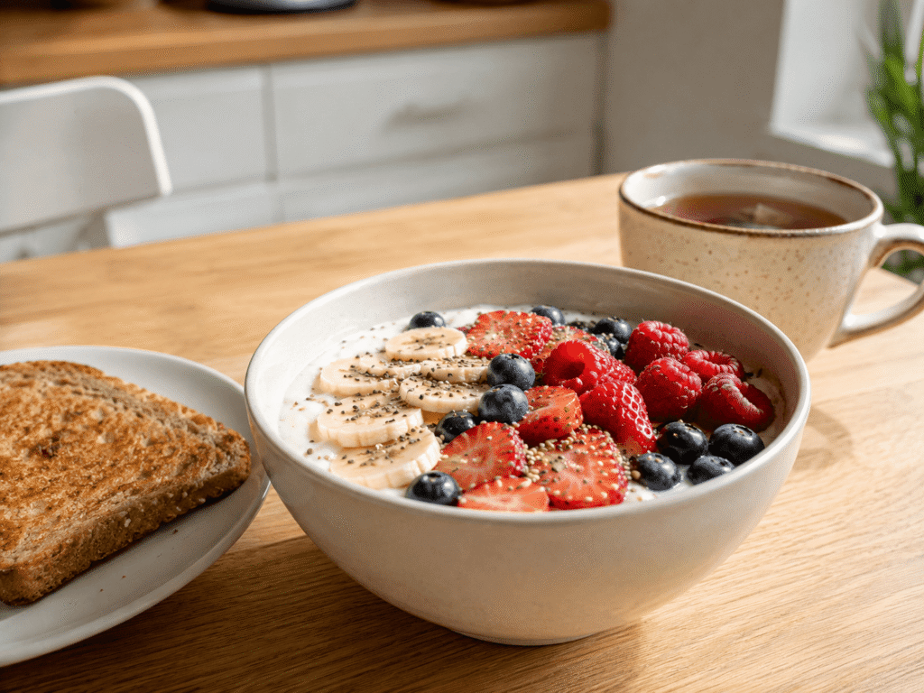 Bol de yogur con avena y fruta sobre una mesa de cocina luminosa