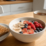 Bol de yogur con avena y fruta sobre una mesa de cocina luminosa