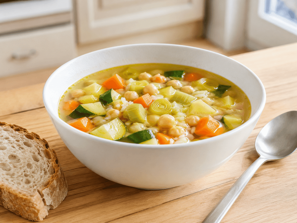 Bol de sopa casera con verduras sobre una mesa de cocina luminosa