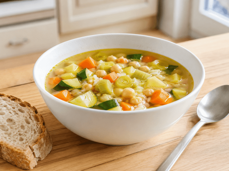 Bol de sopa casera con verduras sobre una mesa de cocina luminosa