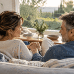 Una pareja se mira y se sostiene de las manos mientras descansa junta en casa