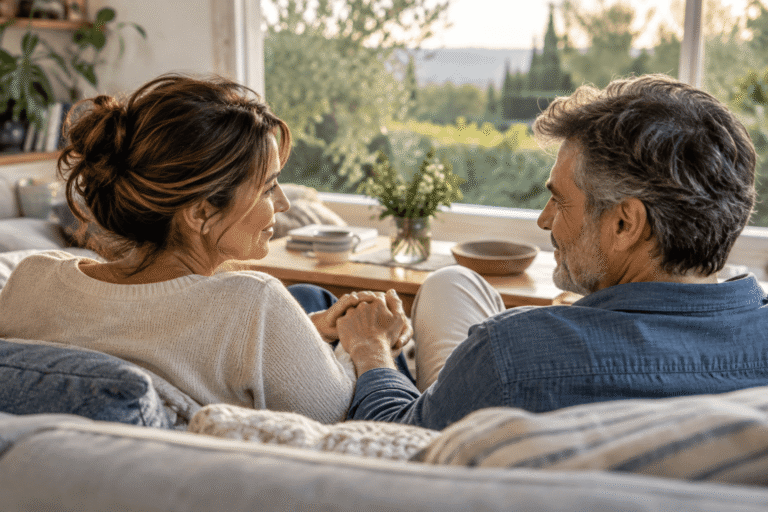 Una pareja se mira y se sostiene de las manos mientras descansa junta en casa