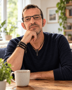 Retrato de Paco, creador de Vivir a su lado, con la mano apoyada en la barbilla